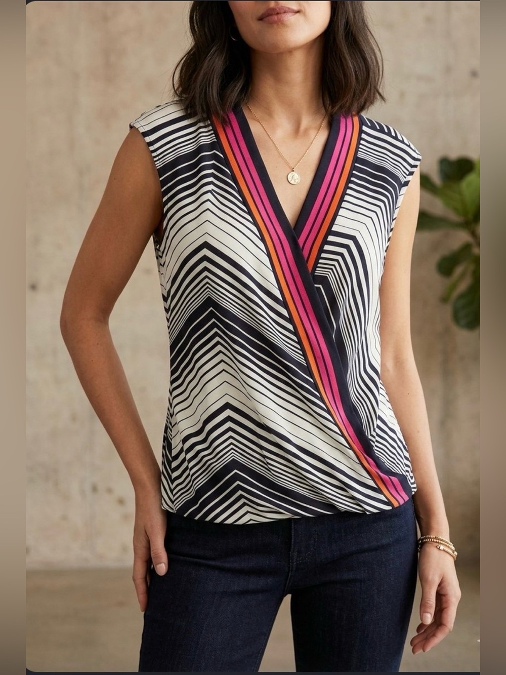 Trina Turk Geometric Chevron Sleeveless V-Neck Wrap Top Blouse Multi-Color Med